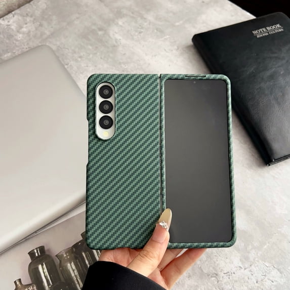 ELEHOLD Case for Samsung Galaxy Z Fold 3, Rugged Magnetic Carbon Fiber Texture Case with Built-in Screen Protector,Green
