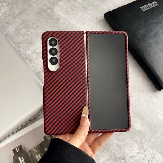 ELEHOLD Case for Samsung Galaxy Z Fold 3, Rugged Magnetic Carbon Fiber Texture Case with Built-in Screen Protector,Red