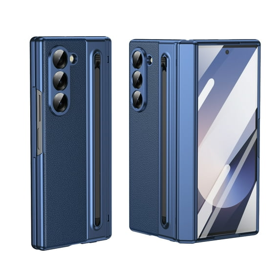 ELEHOLD Case for Samsung Galaxy Z Fold 3, Shockproof Luxury Leather Hinge Protection Case Built in Screen Protector & S Pen Holder & Stylus,Blue