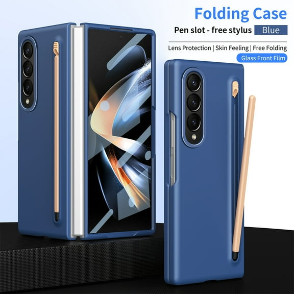 ELEHOLD Case for Samsung Galaxy Z Fold 4, Heavy Duty Shockproof PC Matte Case with S Pen [Built-in Screen Protector] & Pen Holder,Blue
