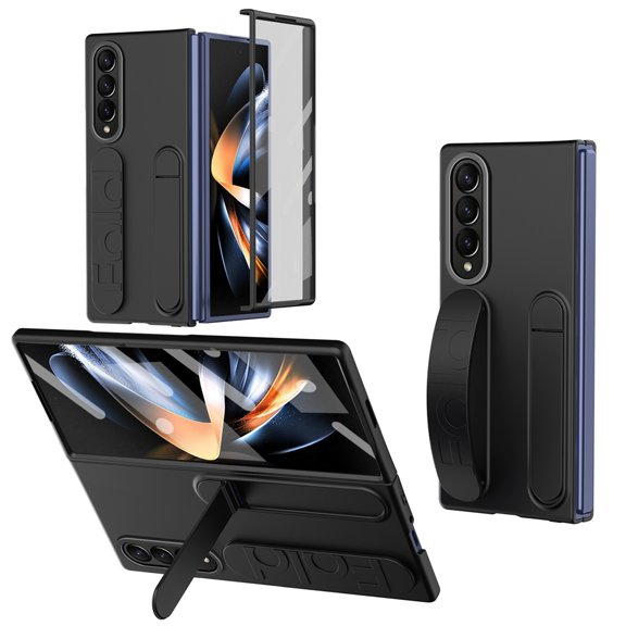 ELEHOLD Case for Samsung Galaxy Z Fold 4, Shockproof Full Body Hand Strap Case with Stand & Bulit-in Screen Protector,Black