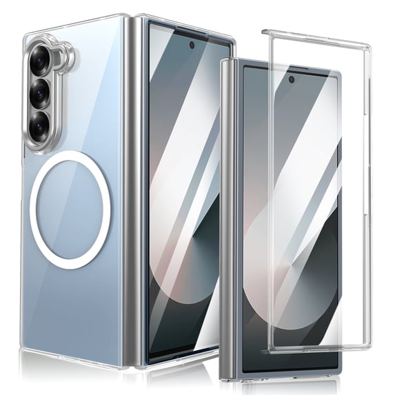 ELEHOLD Case for Samsung Galaxy Z Fold 5, Magnetic Clear Case Built in Screen Protector,Silver