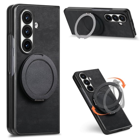 ELEHOLD Case for Samsung Galaxy Z Fold 5, Shockproof Leather Phone Case with Ring Stand, Raised Edge Protection and Car Mount Compatibility,Black