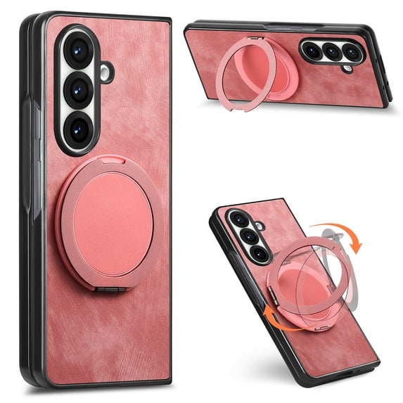 ELEHOLD Case for Samsung Galaxy Z Fold 5, Shockproof Leather Phone Case with Ring Stand, Raised Edge Protection and Car Mount Compatibility,Pink