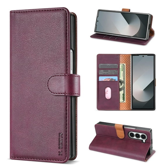 ELEHOLD Case for Samsung Galaxy Z Fold 5, Shockproof PU Leather Wallet Case with Credit Card Holder Kickstand,Winered