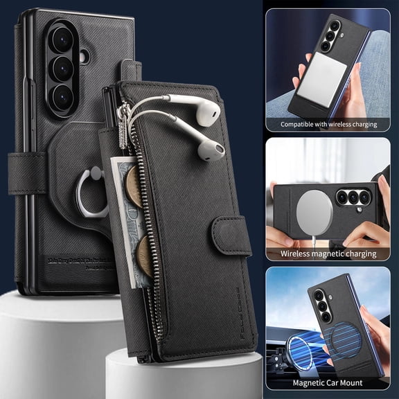 ELEHOLD Case for Samsung Galaxy Z Fold 6, 2-in-1 Detachable Magnetic Leather Wallet Case with 11 Card Slots,Stand Fuction,Black