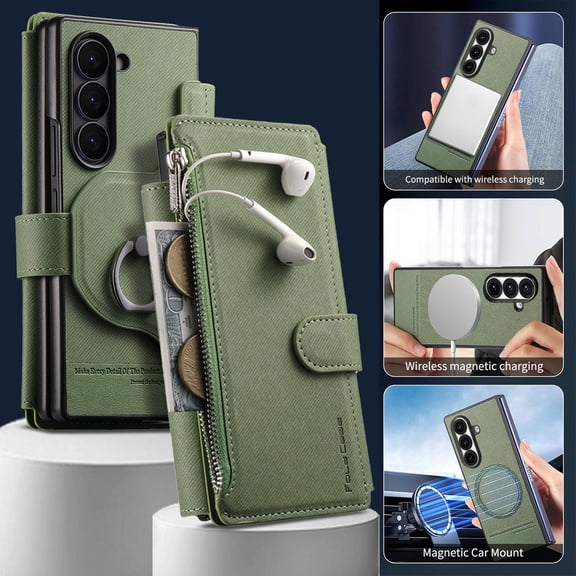 ELEHOLD Case for Samsung Galaxy Z Fold 6, 2-in-1 Detachable Magnetic Leather Wallet Case with 11 Card Slots,Stand Fuction,Green