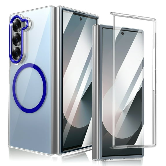 ELEHOLD Case for Samsung Galaxy Z Fold 6, Magnetic Clear Case Built in Screen Protector,Blue