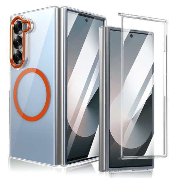 ELEHOLD Case for Samsung Galaxy Z Fold 6, Magnetic Clear Case Built in Screen Protector,Orange