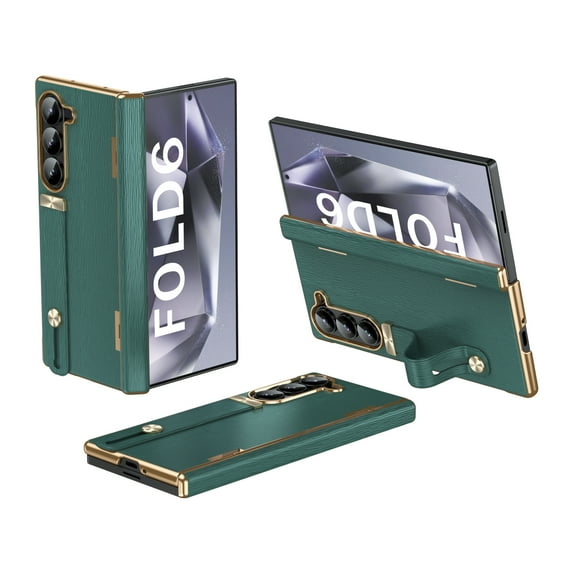 ELEHOLD Case for Samsung Galaxy Z Fold 6,PU Leather Cover with Wrist Strap Shockproof Protective Phone Case for Samsung Galaxy Z Fold 6,Green