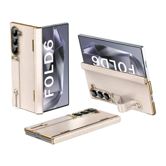 ELEHOLD Case for Samsung Galaxy Z Fold 6,PU Leather Cover with Wrist Strap Shockproof Protective Phone Case for Samsung Galaxy Z Fold 6,Pink