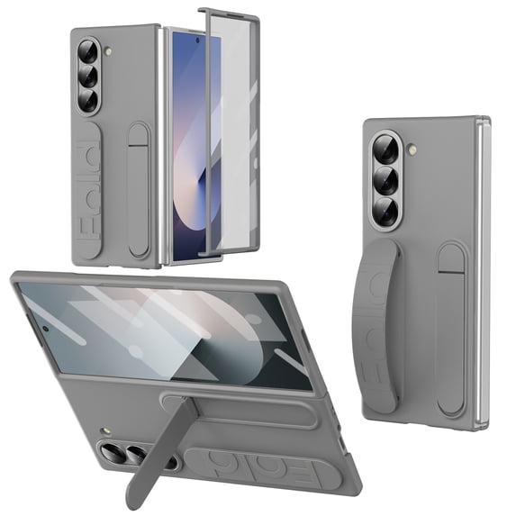 ELEHOLD Case for Samsung Galaxy Z Fold 6, Shockproof Full Body Hand Strap Case with Stand & Bulit-in Screen Protector,Gray