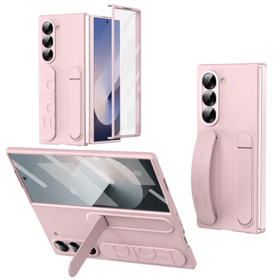 ELEHOLD Case for Samsung Galaxy Z Fold 6, Shockproof Full Body Hand Strap Case with Stand & Bulit-in Screen Protector,Pink