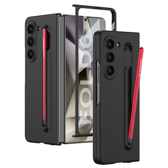 ELEHOLD Case for Samsung Galaxy Z Fold 6, Ultra-thin Hinge Protection Case with S Pen Slot & Screen Protector,Blackred
