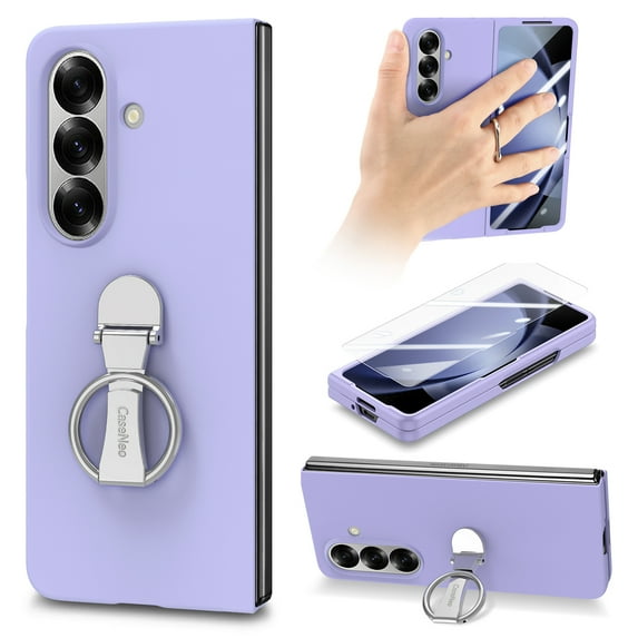 ELEHOLD Case for Samsung Galaxy Z Fold 7, 360° Ring Stand Shockproof Rigid Plastic Phone Case with Screen Protector,Purple