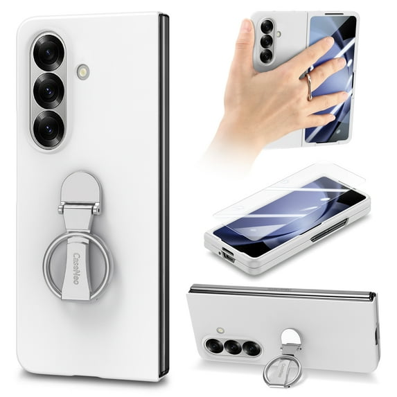 ELEHOLD Case for Samsung Galaxy Z Fold 7, 360° Ring Stand Shockproof Rigid Plastic Phone Case with Screen Protector,White