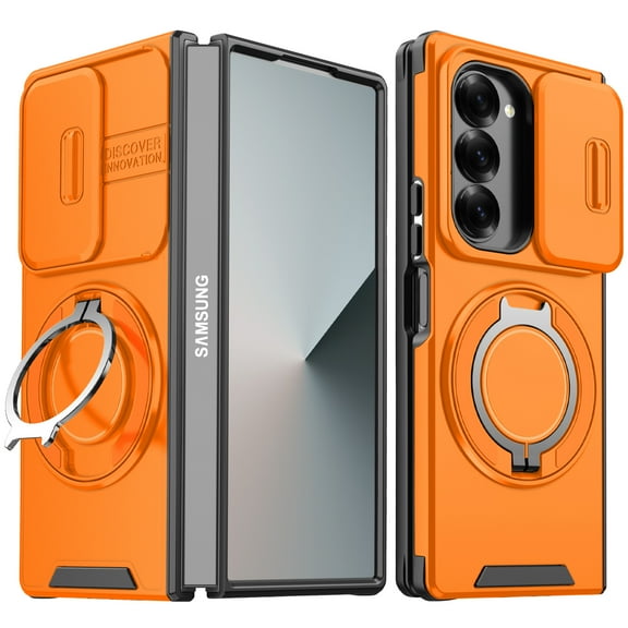 ELEHOLD Case for Samsung Galaxy Z Fold 7, 360° Rotating Kickstand Phone Case with Slide Camera Cover, Car Mount Compatible,Orange