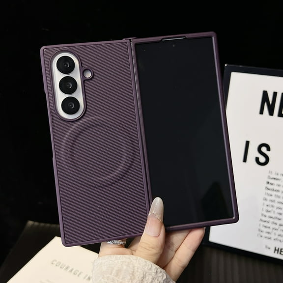 ELEHOLD Case for Samsung Galaxy Z Fold 7, Carbon Fiber Texture Magnetic Phone Case, Shockproof Slim Cover, Wireless Charging Compatible,Purple