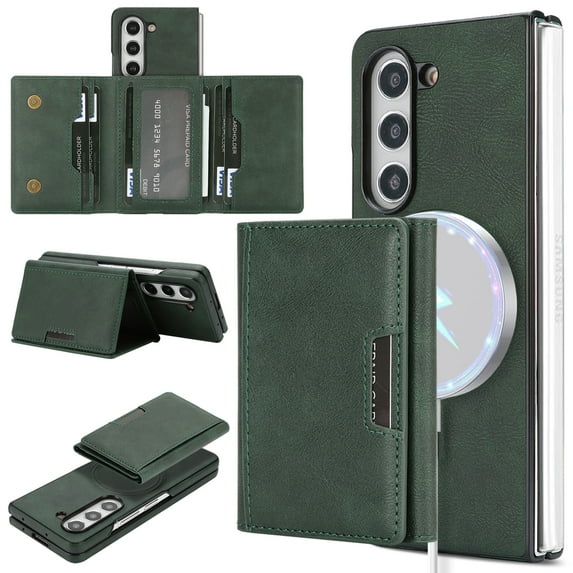 ELEHOLD Case for Samsung Galaxy Z Fold 7, Magnetic Leather Wallet Phone Case with Card Slots & Kickstand,Green