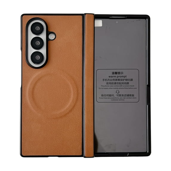 ELEHOLD Case for Samsung Galaxy Z Fold 7, Magnetic Premium Leather Case, Hinge Protection Cover with Screen Protector,Brown