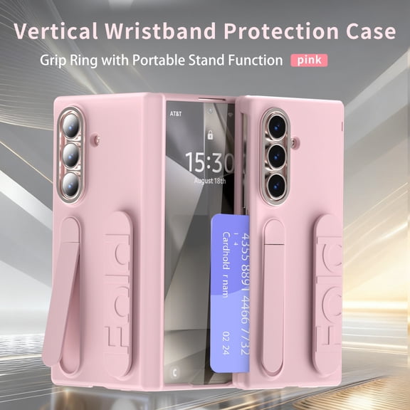 ELEHOLD Case for Samsung Galaxy Z Fold 7, Shockproof Card Holder Phone Case with Kickstand & Wrist Strap,Pink