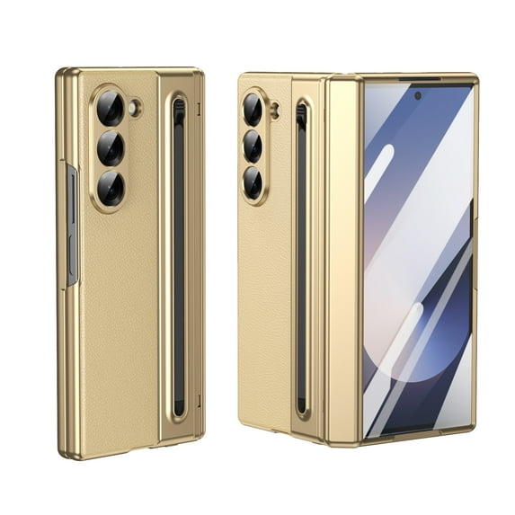 ELEHOLD Case for Samsung Galaxy Z Fold 7, Shockproof Luxury Leather Hinge Protection Case Built in Screen Protector & S Pen Holder & Stylus,Gold