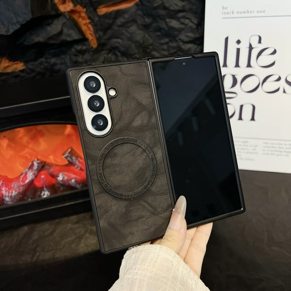 ELEHOLD Case for Samsung Galaxy Z Fold 7, Shockproof Magnetic Leather Phone Case, Wireless Charging,Black