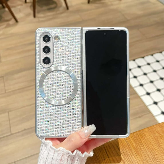 ELEHOLD Case for Samsung Galaxy Z Fold 7, Shockproof Magnetic Sparkling Glitter Phone Case, Wireless Charging,White