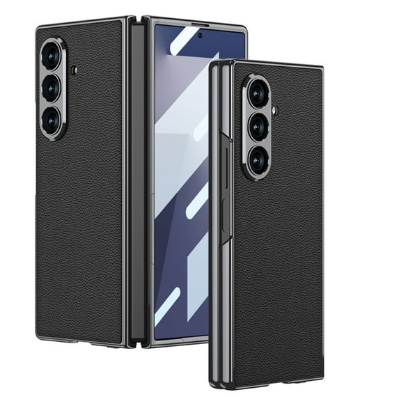 ELEHOLD Case for Samsung Galaxy Z Fold 7, Sleek Electroplated Shockproof Hard PC + PU Leather Case with Built-in Screen Protector,Black
