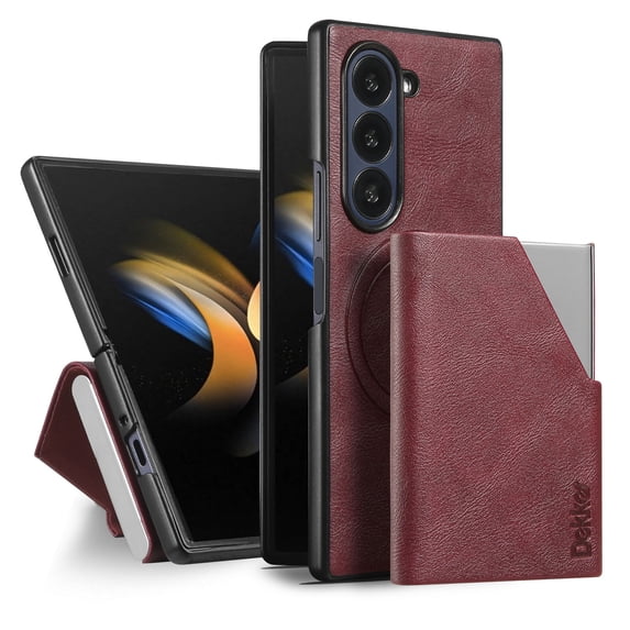 ELEHOLD Case for Samsung Galaxy Z Fold7, Magnetic Wallet Phone Case, Leather Cover with Card Slots, Wireless Charging & Car Mount Compatible,Winered