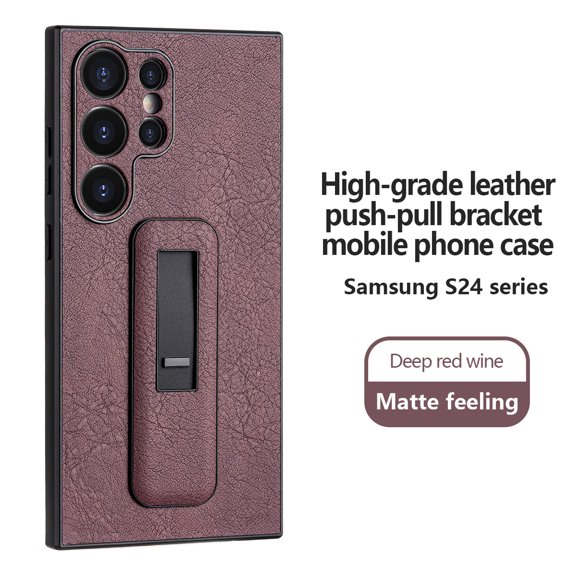 ELEHOLD Case for Samsung S23 Ultra, Soft TPU Shockproof Anti-Scratch Leather Case with Push-Pull Bracket,Winered