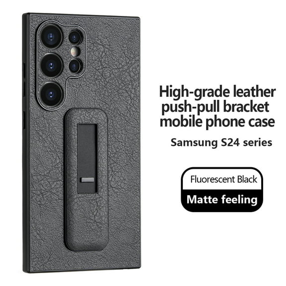 ELEHOLD Case for Samsung S24 Ultra, Soft TPU Shockproof Anti-Scratch Leather Case with Push-Pull Bracket,Black