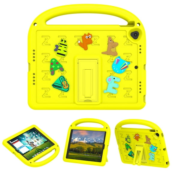 ELEHOLD Case for iPad 9th/8th/7th Generation, Fun Animal Design EVA Durable Case with Handle & Stand & Strap, Easy Carry for Children,Yellow