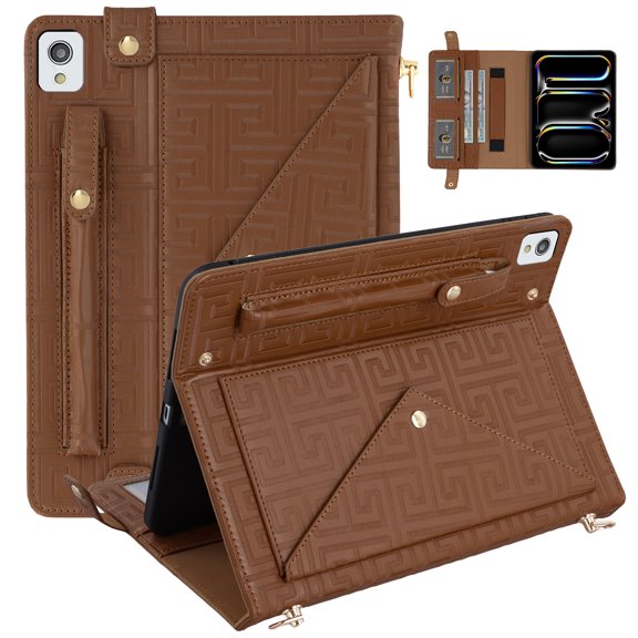 ELEHOLD Case for iPad 9th/8th/7th Generation, PU Leather Crossbody Multi-Card Slots Envelope Pocket Wallet Case with Hand Strap+Shoulder Strap,Brown