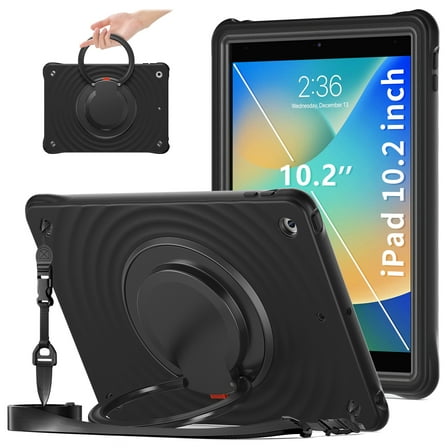 ELEHOLD Case for iPad 9th/8th/7th Generation, Portable Hybrid Shockproof iPad Case with Pencil Holder & Hanging Ring Handle Rotatable Kickstand,Black