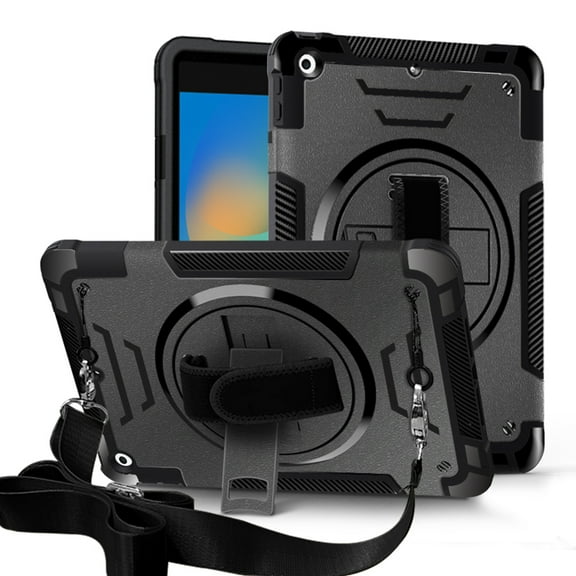 ELEHOLD Case for iPad 9th/8th/7th Generation, Shockproof Case with 360°Rotating Adjustable Shoulder Hand Strap & Stand,Black
