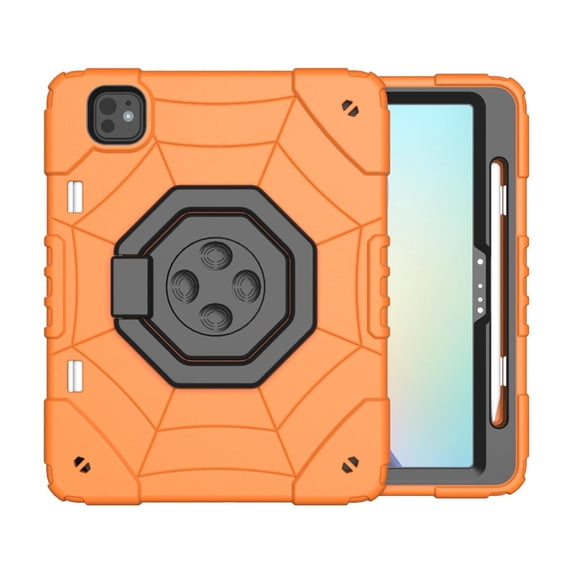 ELEHOLD Case for iPad Air11 2024, Spider Web Pattern Heavy Duty Shockproof Rugged Case with Stand,Orangeblack