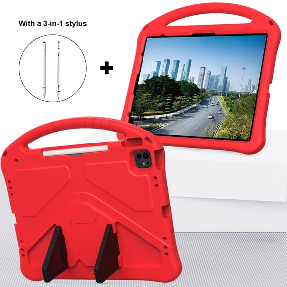 ELEHOLD Case for iPad Air13 2024/Pro 13 2024, Shockproof Case with Handle & Stand + 3-in-1 Stylus Pen, Kids-Friendly EVA + TPU Protective Cover,Red