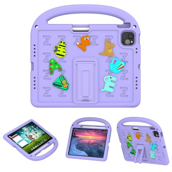 ELEHOLD Case for iPad Pro 11 2022/2021/2020/2018, Fun Animal Design EVA Durable Case with Handle & Stand & Strap, Easy Carry for Children,Purple