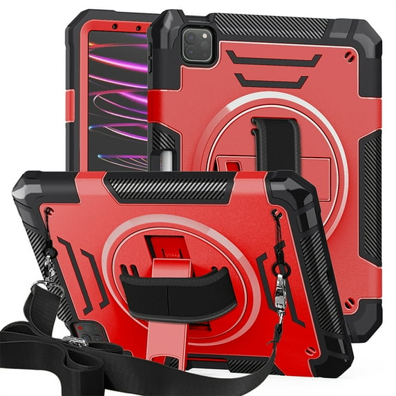 ELEHOLD Case for iPad Pro 11 2022/2021/2020/2018, Shockproof Case with 360°Rotating Adjustable Shoulder Hand Strap & Stand,Red