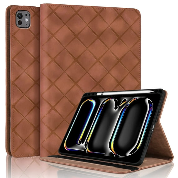 ELEHOLD Case for iPad Pro 11 2024, PU Leather Case with Pencil Holder,Shockproof Soft TPU Folio Stand Cover,Brown