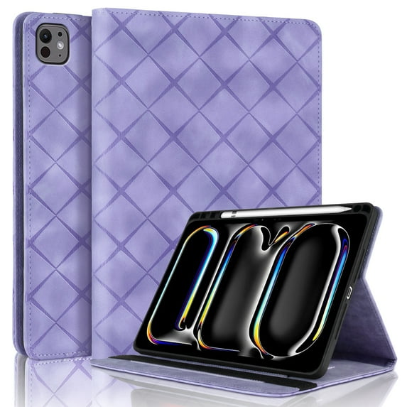 ELEHOLD Case for iPad Pro 11 2024, PU Leather Case with Pencil Holder,Shockproof Soft TPU Folio Stand Cover,Purple