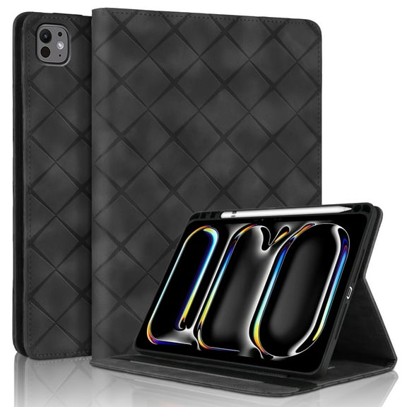 ELEHOLD Case for iPad Pro 13 2024, PU Leather Case with Pencil Holder,Shockproof Soft TPU Folio Stand Cover,Black