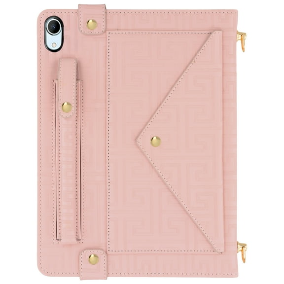 ELEHOLD Case for iPad mini6/mini2024, PU Leather Crossbody Multi-Card Slots Envelope Pocket Wallet Case with Hand Strap+Shoulder Strap,Pink