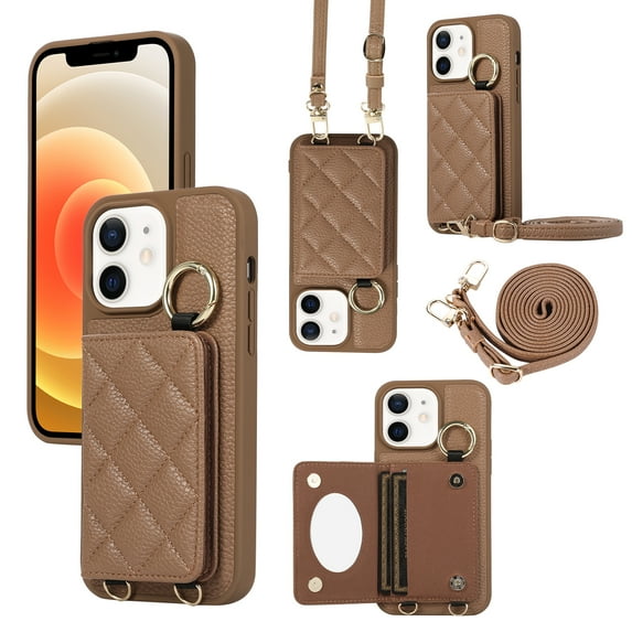 ELEHOLD Case for iPhone 11,Detachable Lanyard Crossbody Leather Wallet Case with Ring Holder & Mirror,Brown