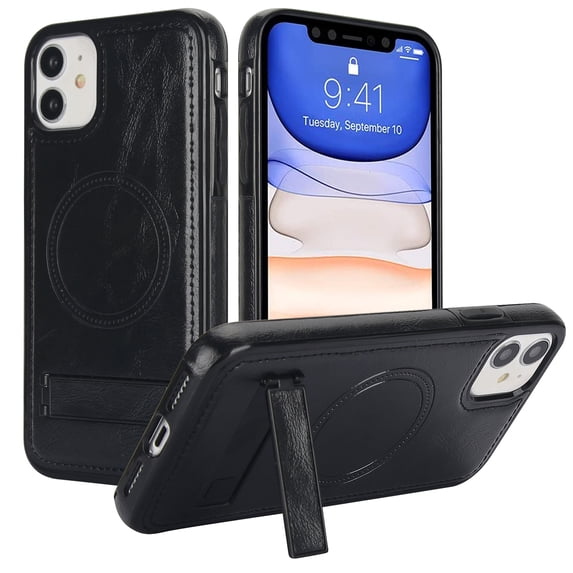 ELEHOLD Case for iPhone 11, Luxury PU Leather Anti-Scratch Magnetic Case with Invisible Kickstand for MagSafe Accessory,Black
