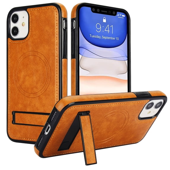 ELEHOLD Case for iPhone 11, Luxury PU Leather Anti-Scratch Magnetic Case with Invisible Kickstand for MagSafe Accessory,Khaki