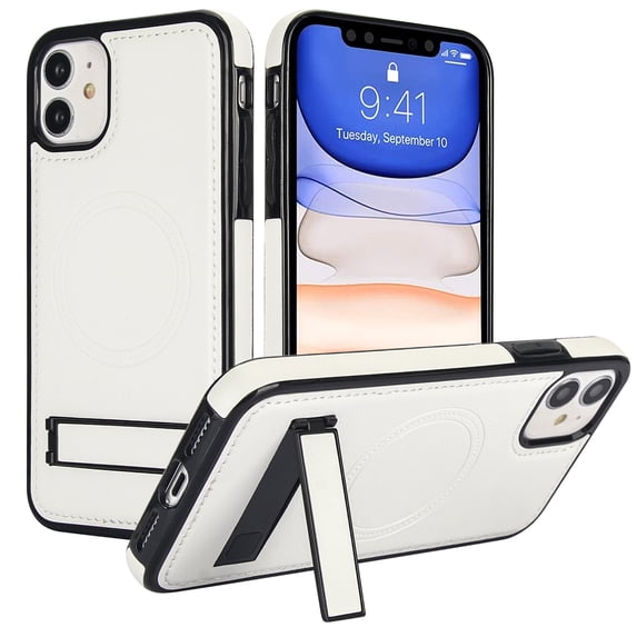 ELEHOLD Case for iPhone 11, Luxury PU Leather Anti-Scratch Magnetic Case with Invisible Kickstand for MagSafe Accessory,White