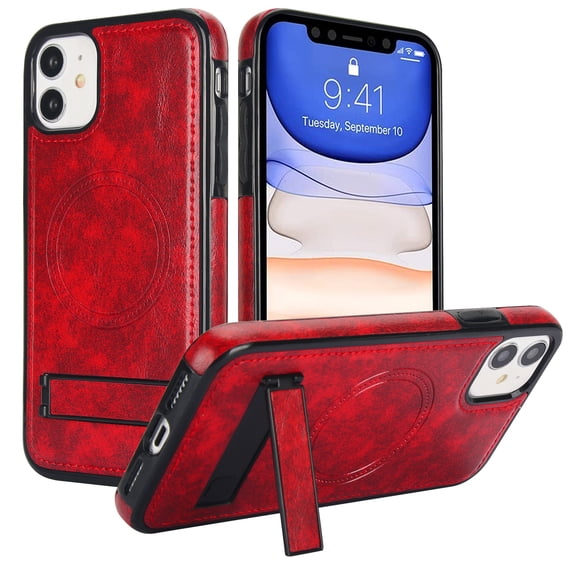 ELEHOLD Case for iPhone 11, Luxury PU Leather Anti-Scratch Magnetic Case with Invisible Kickstand for MagSafe Accessory,Winered