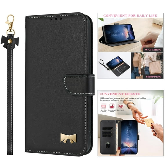 ELEHOLD Case for iPhone 11 Pro, Fashionable Leather Wallet Case with Card Slots & Kickstand,Detachable Shoulder Strap & Wrist Strap,Black